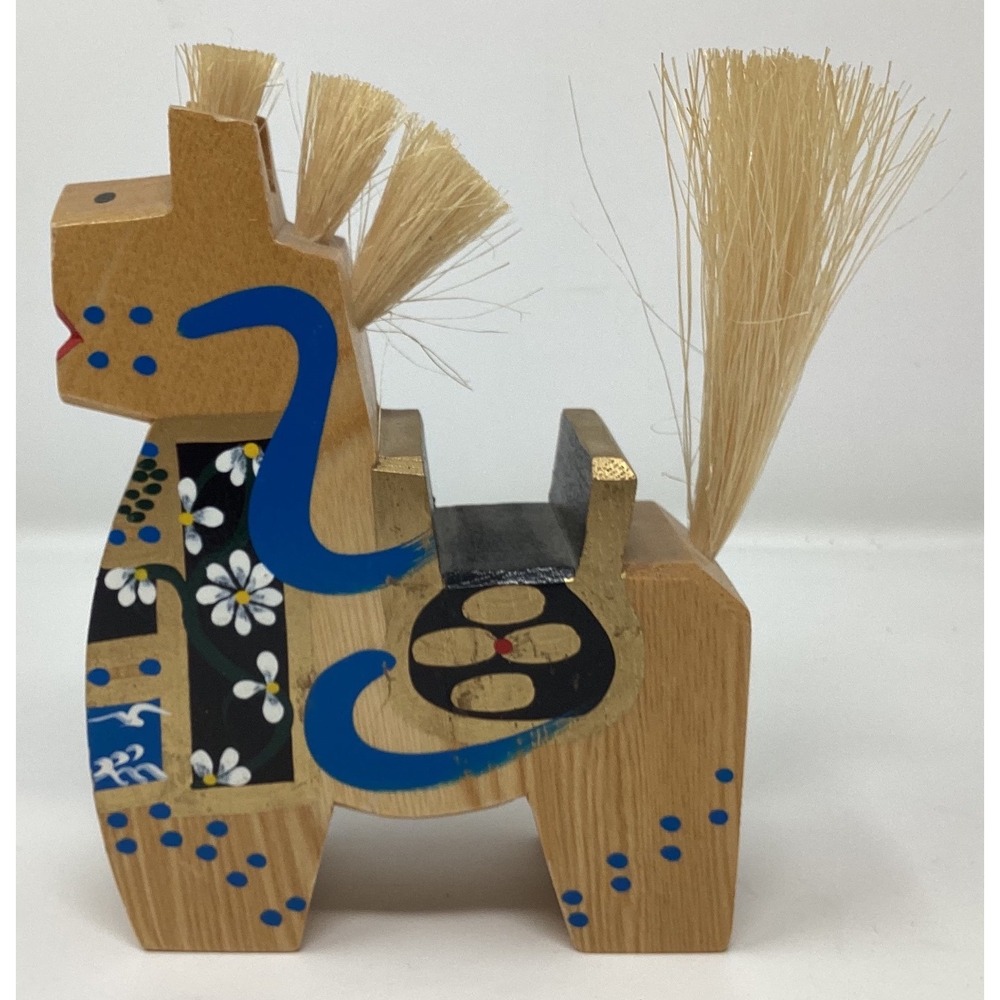 Vintage Japanese Miharu-goma Wooden Horse Folk Art Figurine Hand Painted Floral